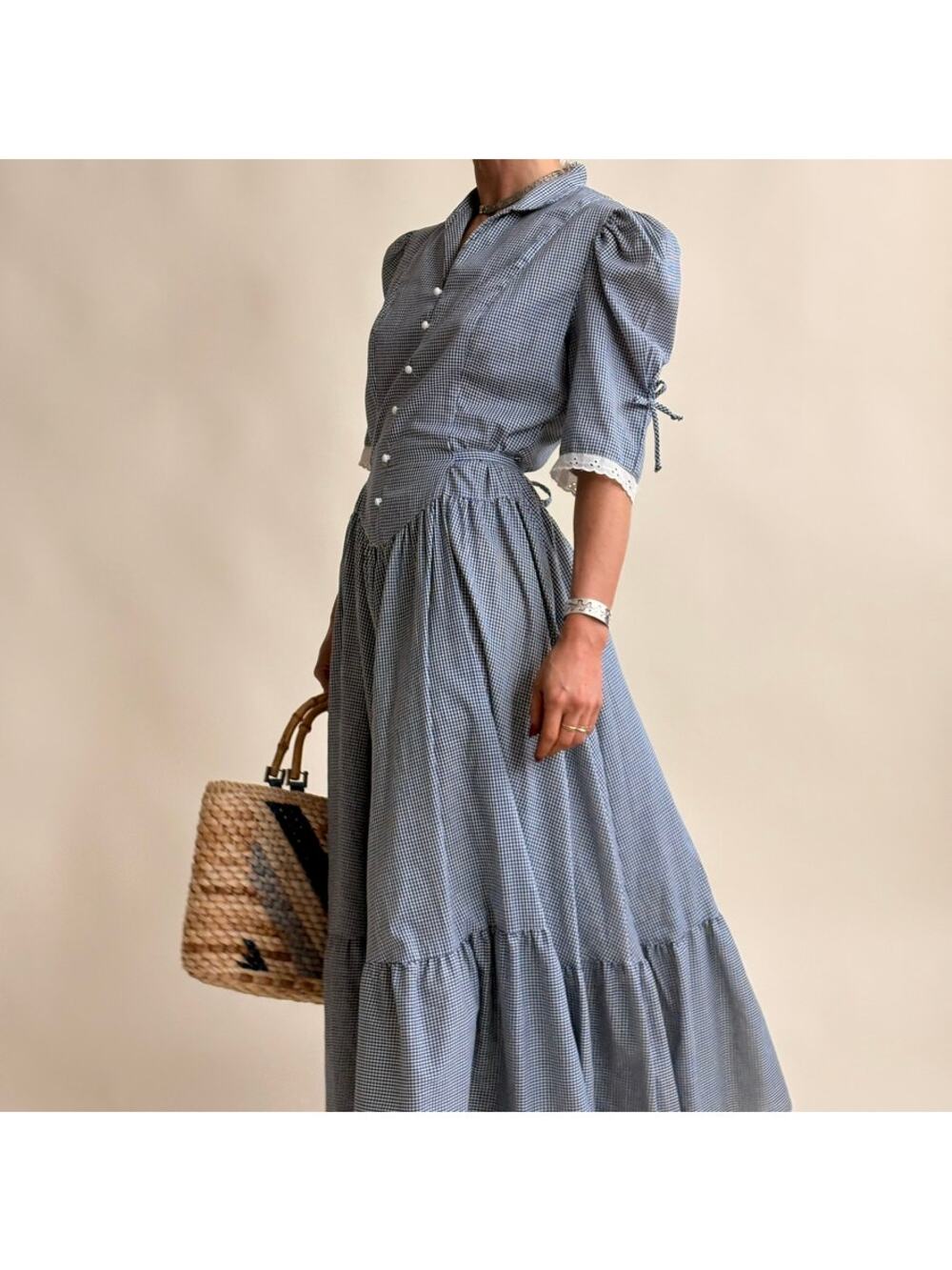 70's Wendy One Gingham Prairie Dress - Blue & White, Basque Waist, Size Small